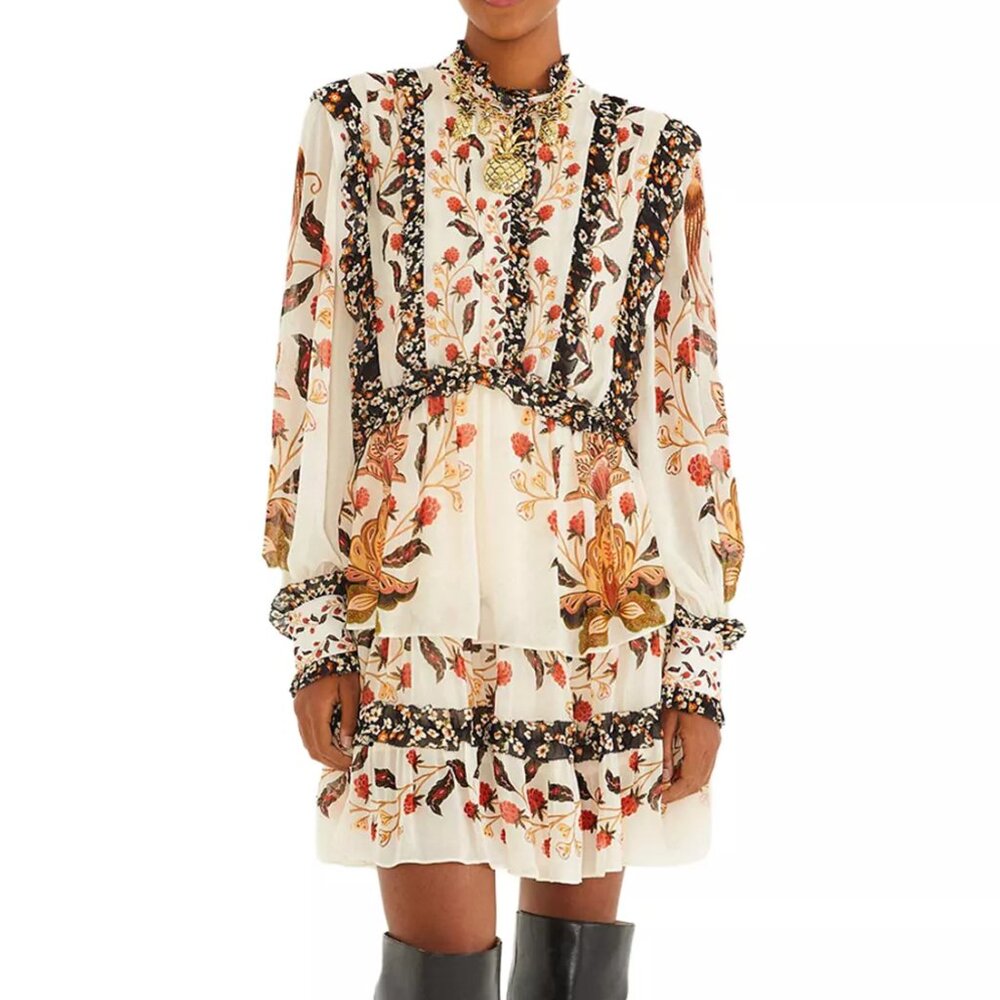 FARM Rio Ruffled Mock-Neck Berry Garden Mini Dress, Size S, New with Tag